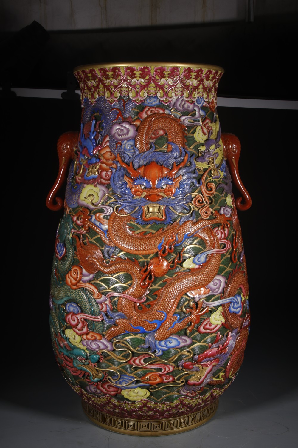 Qianlong-Style Famille-Rose Nine-Dragon Porcelain Elephant-Ear Vase