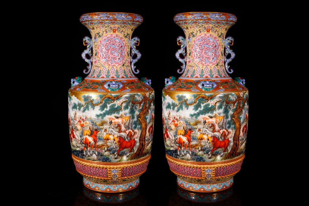 Qianlong-Style Famille Rose Hundred Horses Porcelain Vases (Pair)