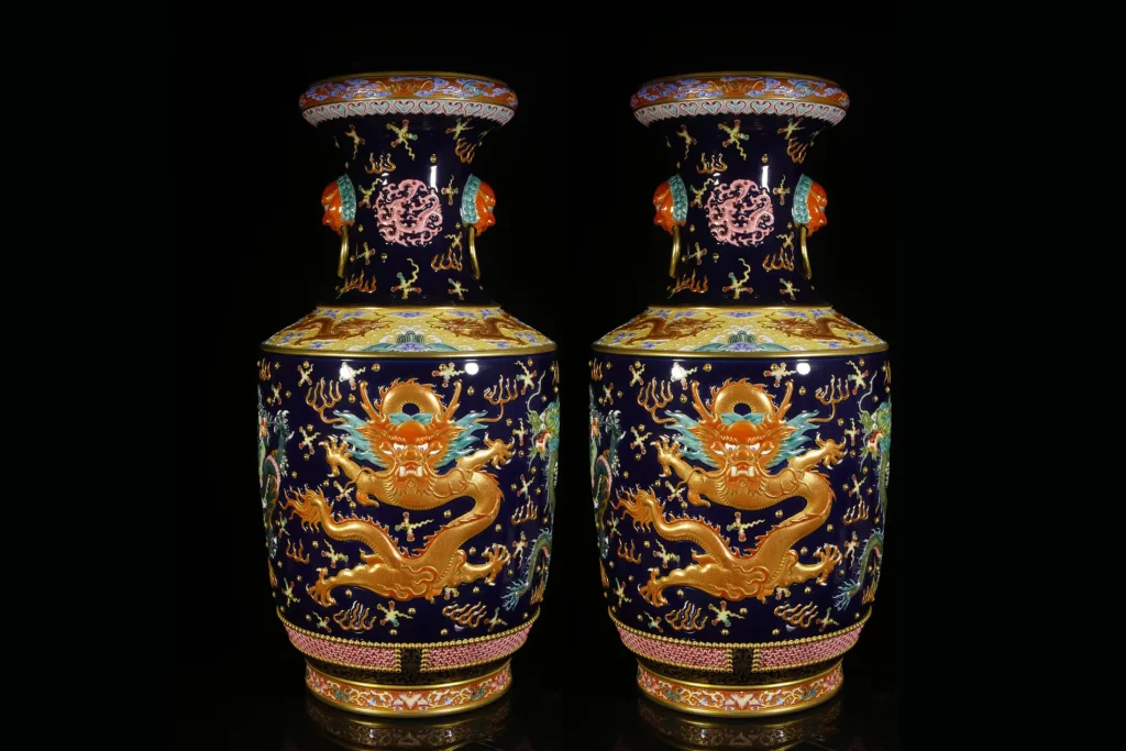 Jingdezhen Qianlong-Style Blue-Glazed Nine-Dragon Porcelain Floor Vases (Pair)