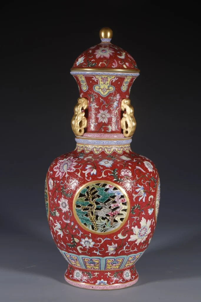 Qianlong-Style Famille Rose Red-Ground Pierced Revolving Porcelain Vase