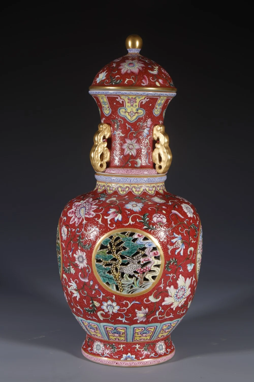 Qianlong-Style Famille Rose Red-Ground Pierced Revolving Porcelain Vase