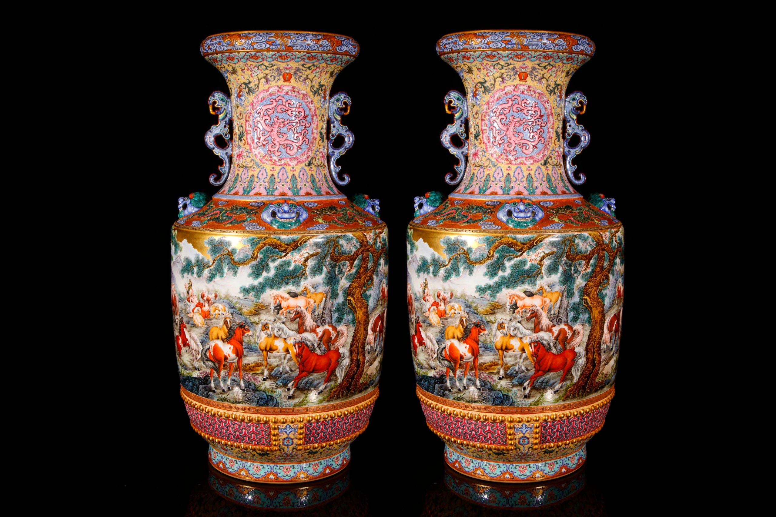 Qianlong-Style Famille Rose Hundred Horses Porcelain Vases (Pair)