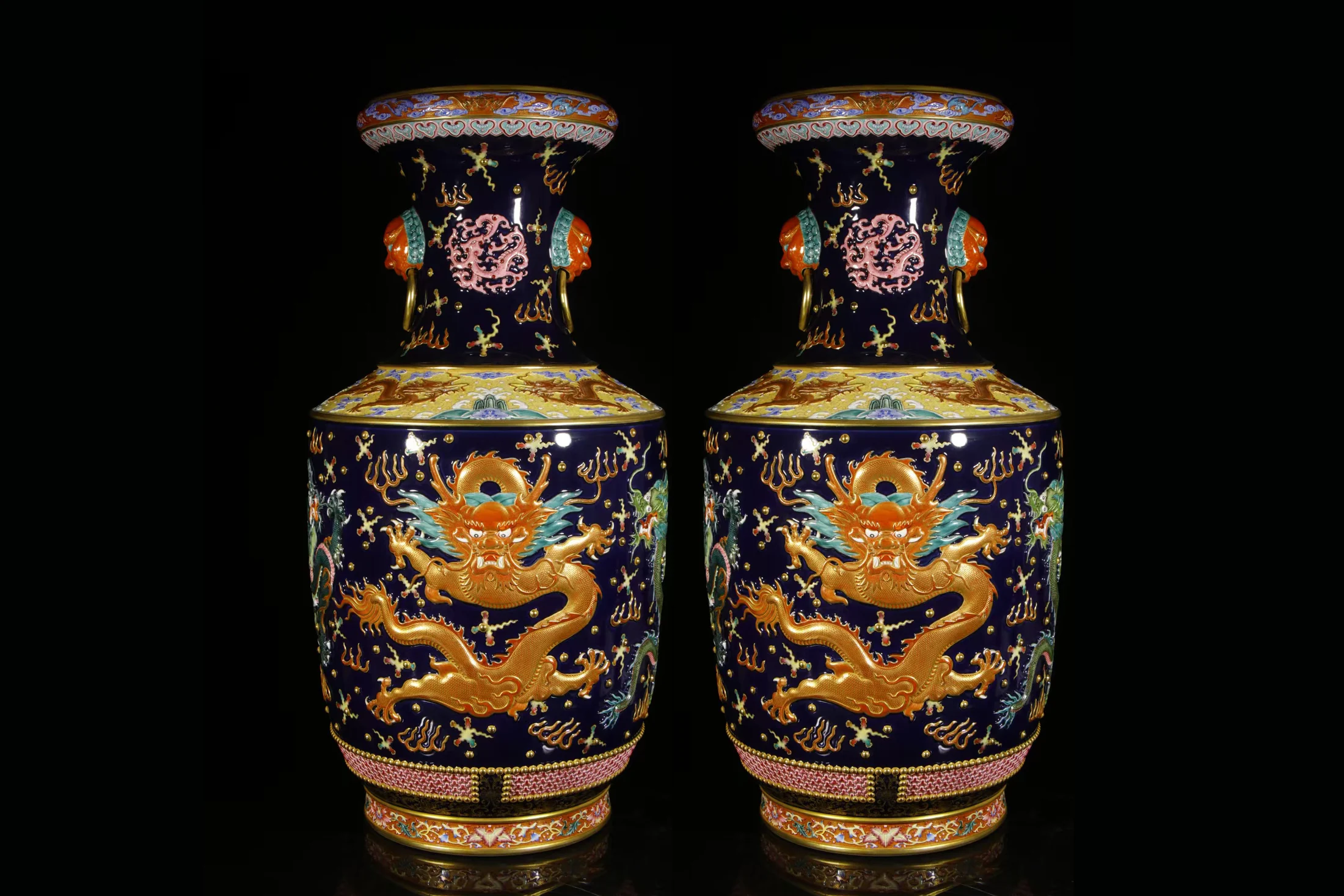 Jingdezhen Qianlong-Style Blue-Glazed Nine-Dragon Porcelain Floor Vases (Pair)