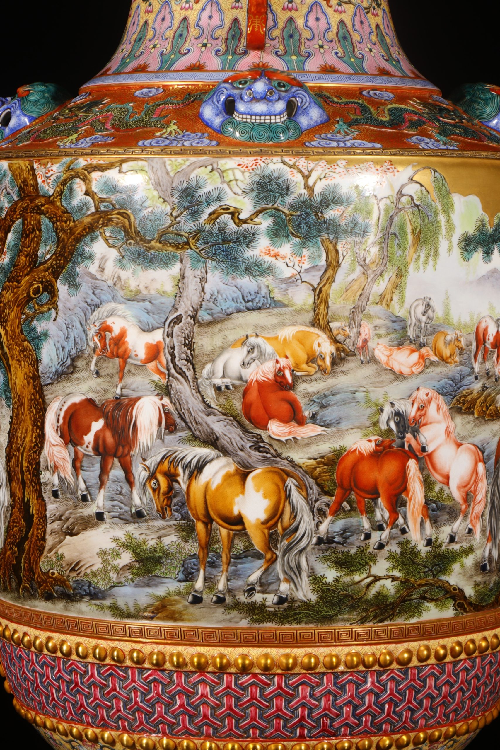 Close view of the Hundred Horses painting and gilt borders