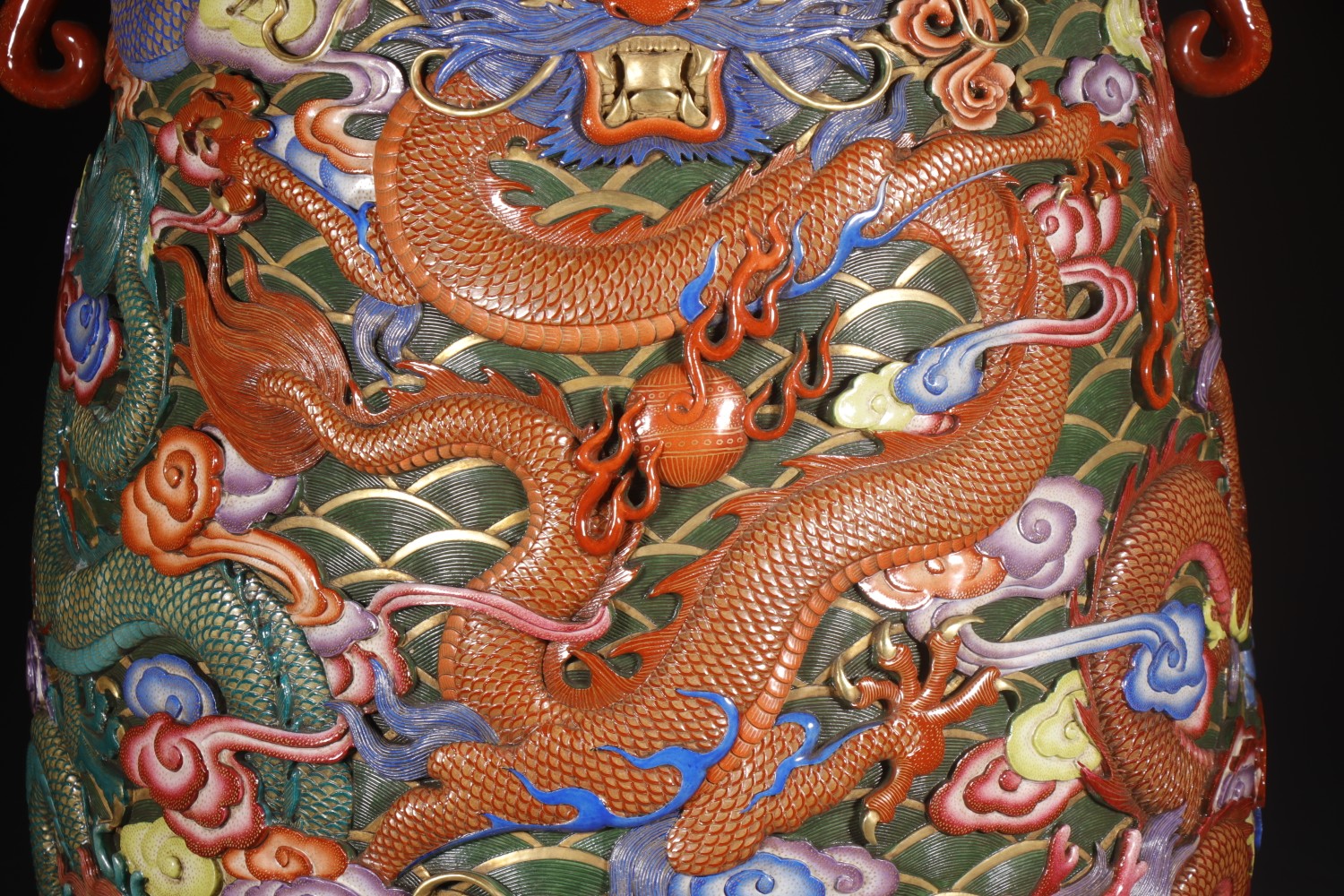 Detail of the colorful raised dragon decoration