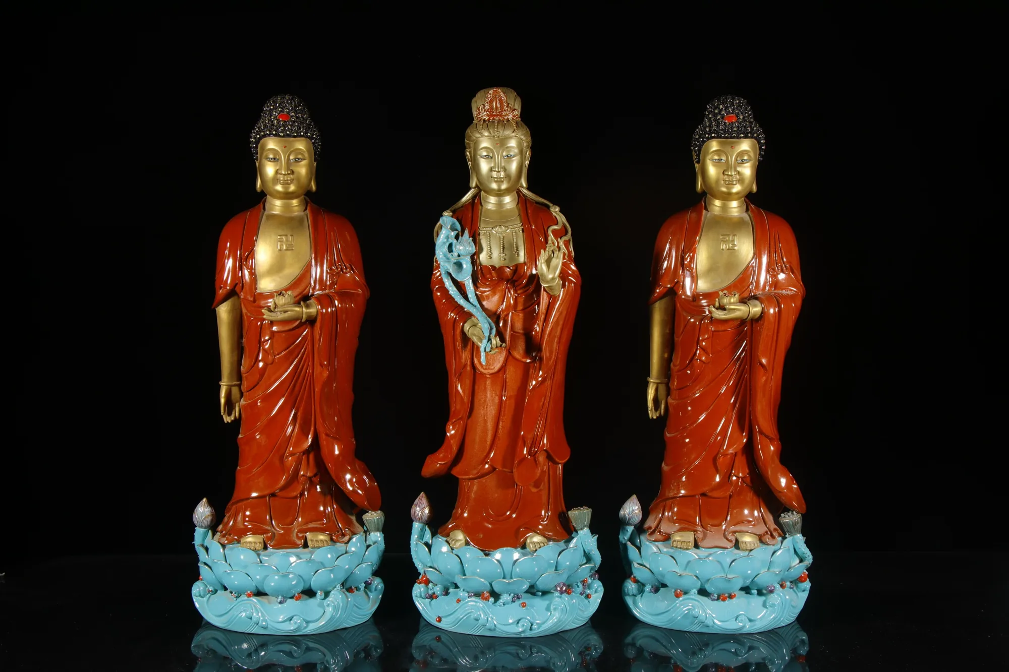 Jingdezhen Porcelain Buddhist Triad Statue with Iron-Red Glaze and Gilt