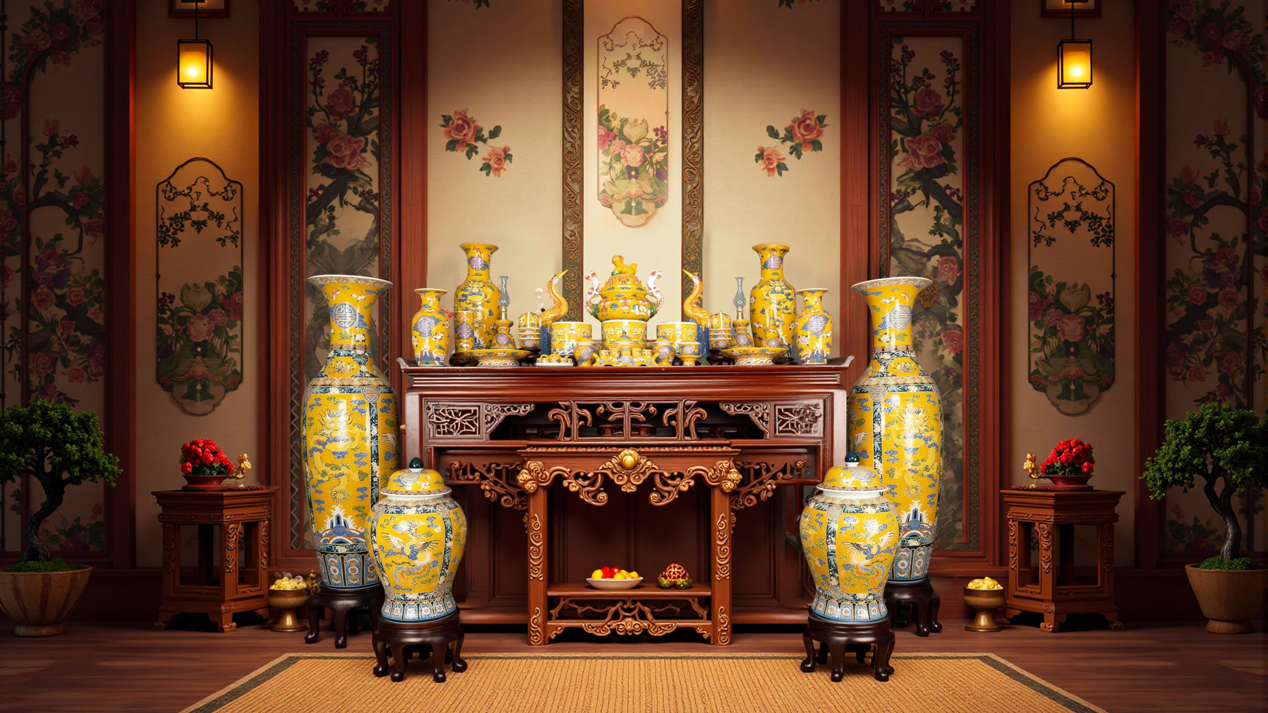 A museum-style display of Jingdezhen porcelain in a traditional Chinese interior