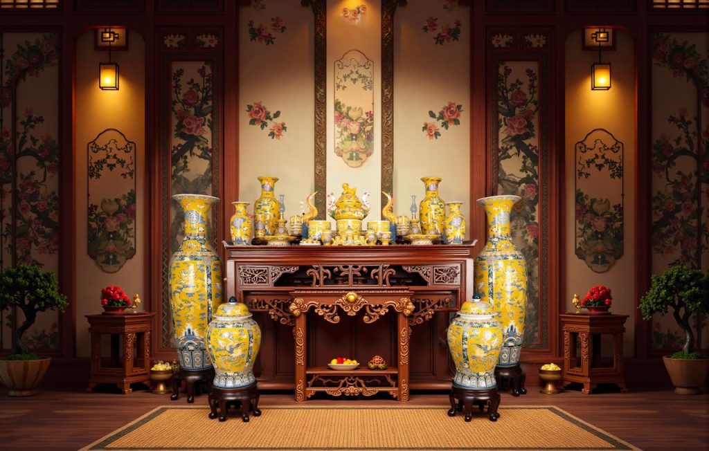 Beautifully decorated interior featuring traditional Chinese porcelain and wooden furniture.